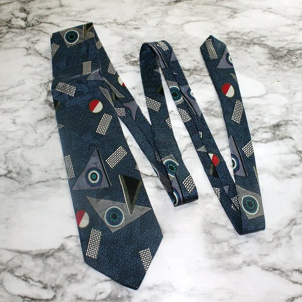 FERRACCI Neck Tie Retro Abstract Colorful Silk Blue Geometric Necktie Accessory